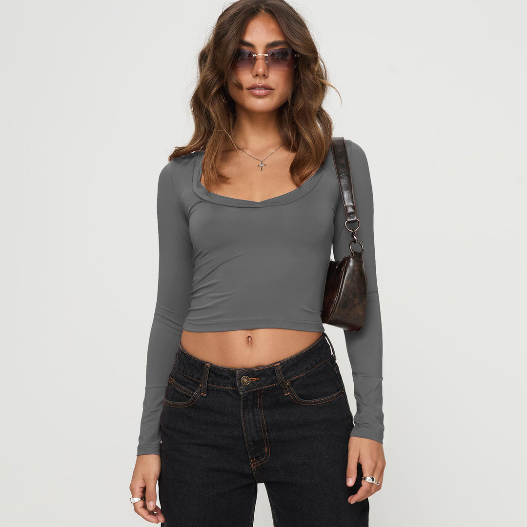 Dame Langærmet Crop-Top med dyb rund halsudskæring af blødt materiale Stilla