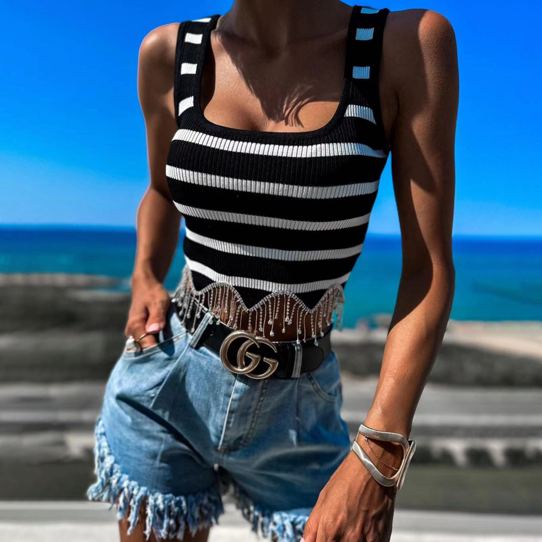 Dame Crop-Top med stribemønster og dekorative frynser Stilla