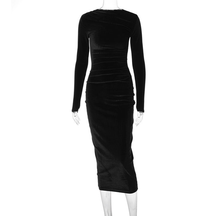 Dame Langærmet Satin-Midi-Kjole med Draperingsdetaljer og Figurvenlig Snit Stilla