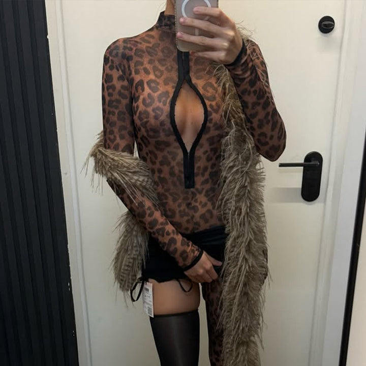 Dame Modebody med dyb V-udskæring og leopardmønster Skovae