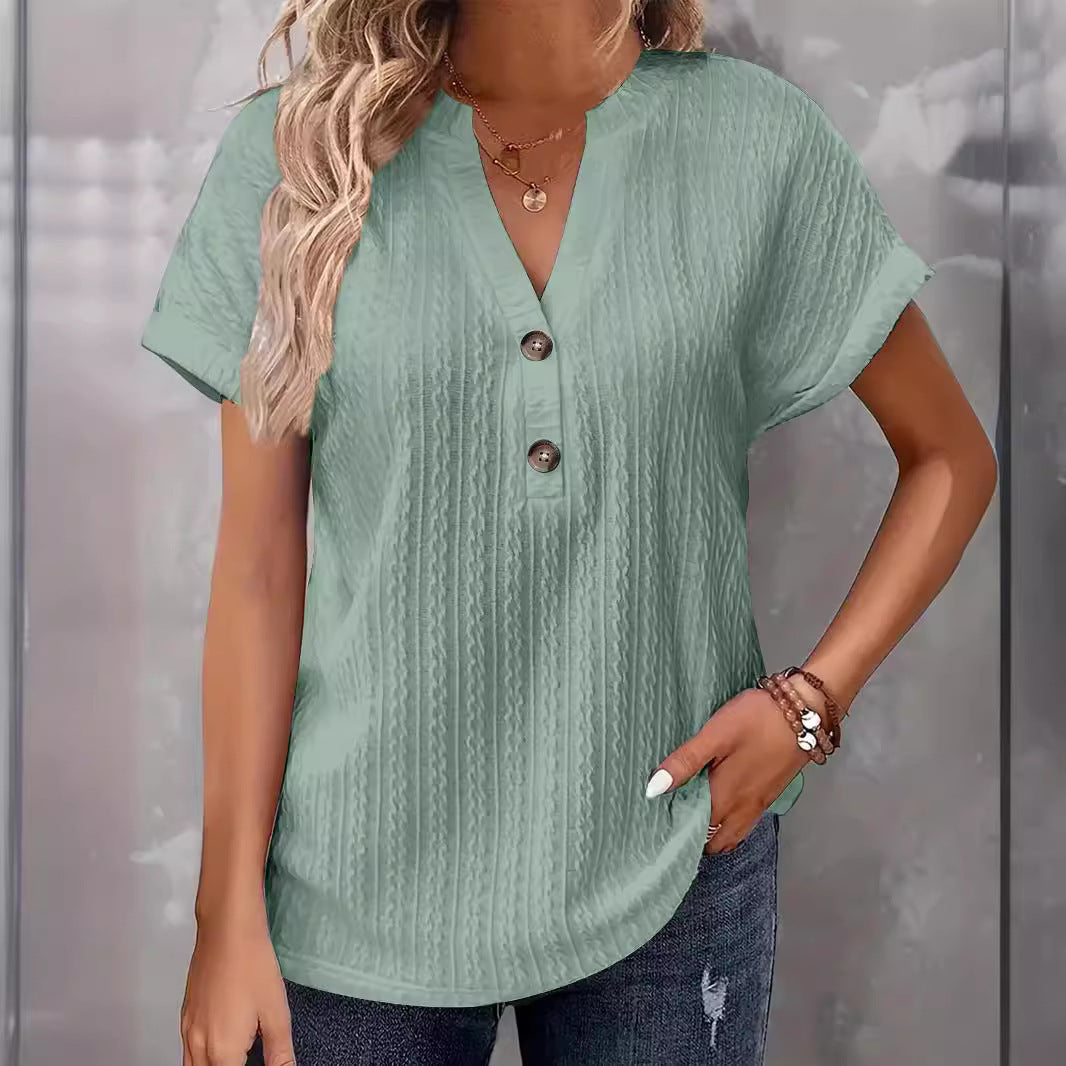 Dame Trendy Kortærmet Bluse med Knapdetaljer og Struktureret Mønster Stilla