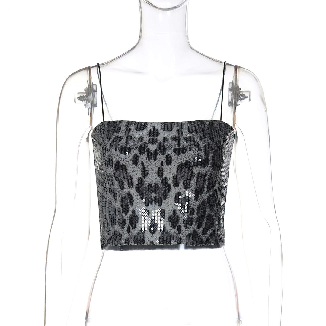 Dame Glitrende Leopardmønster Crop-Top med fine Spaghettistropper Stilla