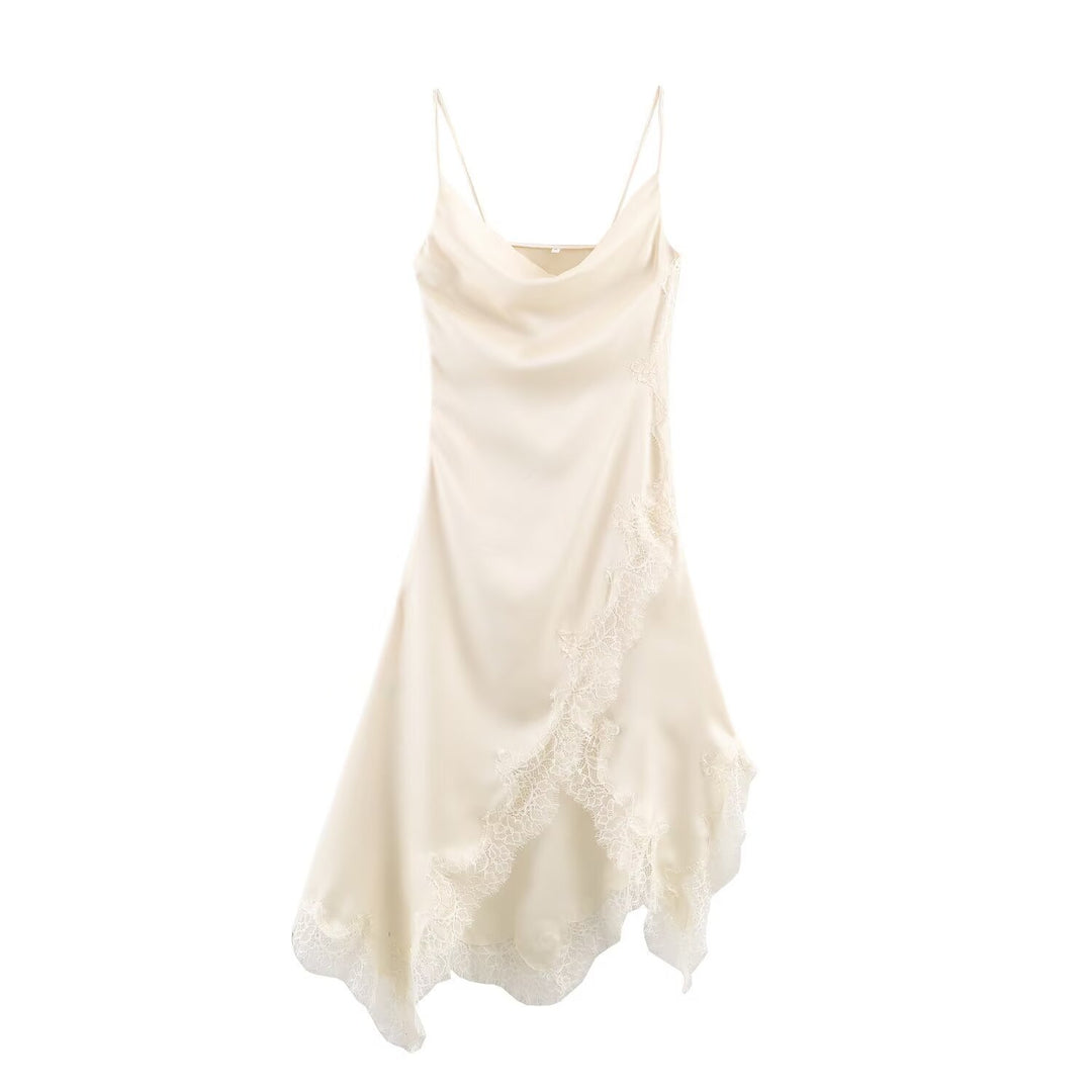 Dame elegant spaghetti-stropkjole med fin blonder og flydende satin Skovae