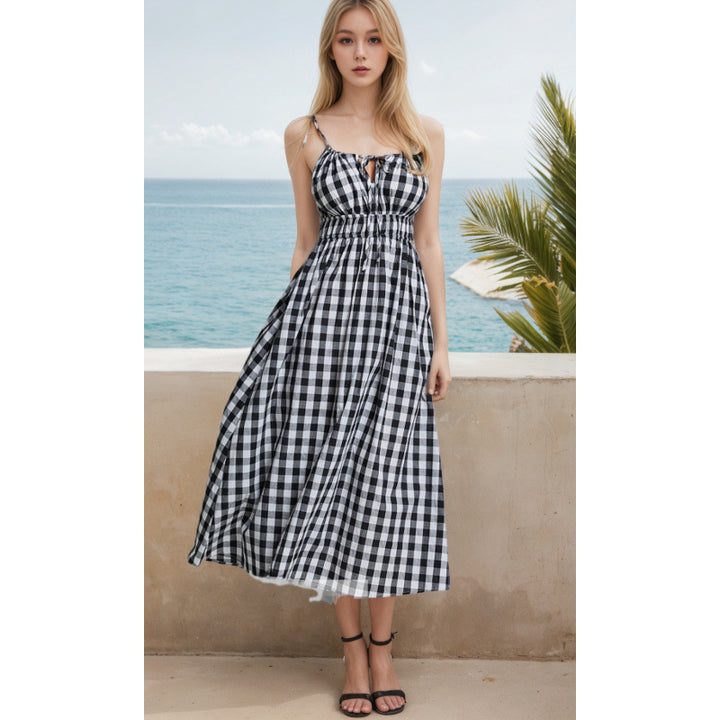 Dame Gingham-print maxikjole med justerbare bindebånd Stilla