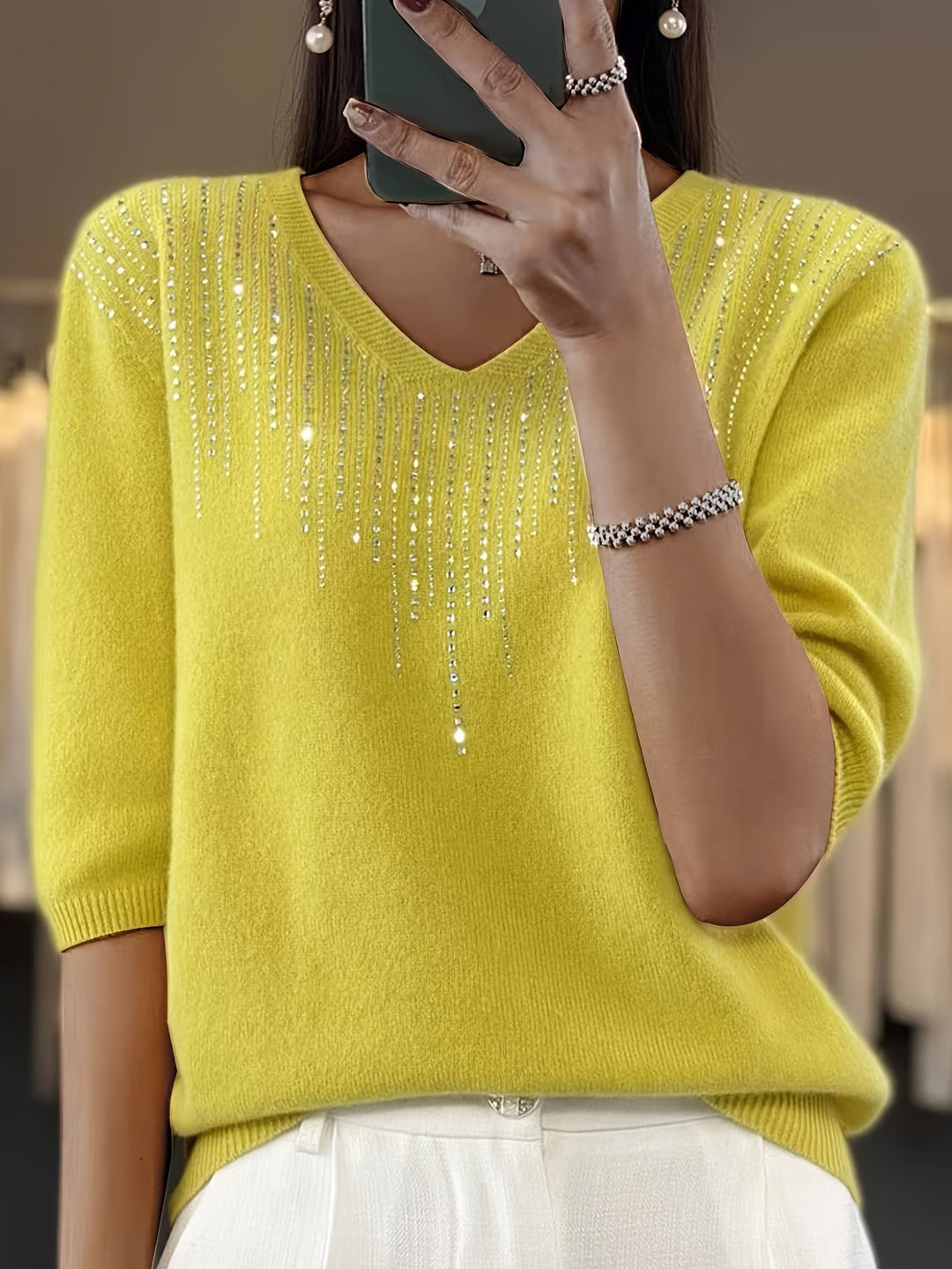 Damer Dekoreret V-Udskæring Sweater Stilla