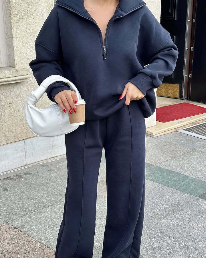 Dame behagelig Fleece-Athleisure-dragt med ståkrave og lynlås Stilla