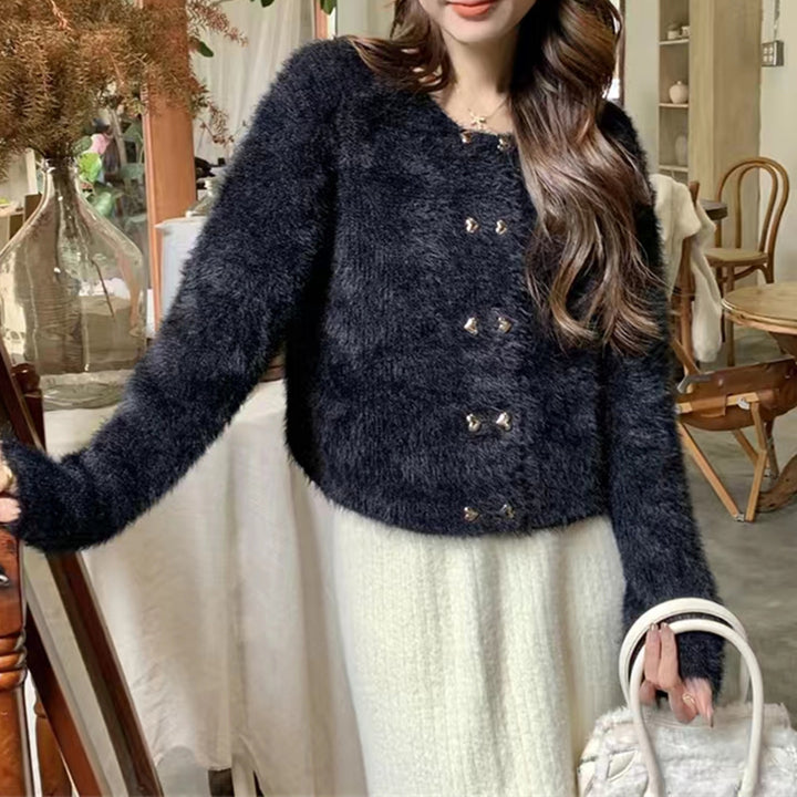 Femme Fluffy Textureret Knaplukning Pullover Stilla