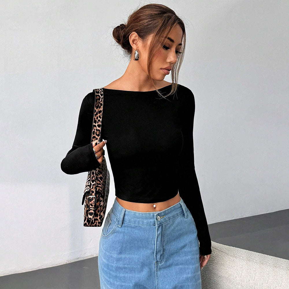 Kvinders langærmet crop top med elegant rund halsudskæring og figurvenlig pasform Stilla