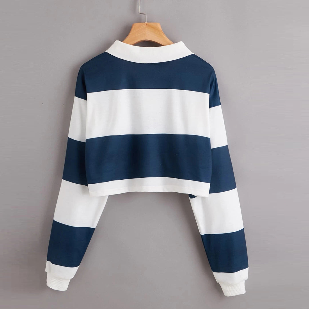 Kvindernes kortærmede polo sweater med farverige striber Skovae