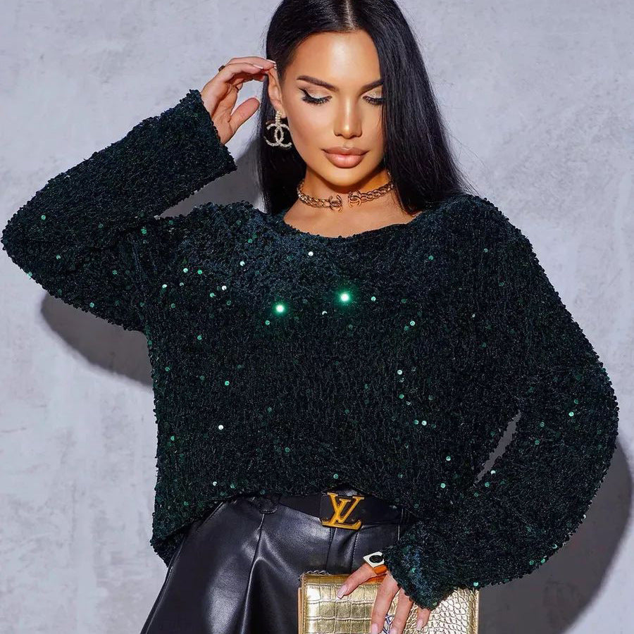 Dame Glitrende Oversized Top med funklende Pailletter Stilla