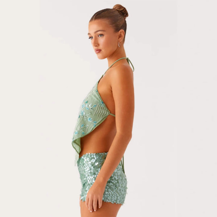 Dame elegant bluse med blomsterdesign og glitrende detaljer Skovae