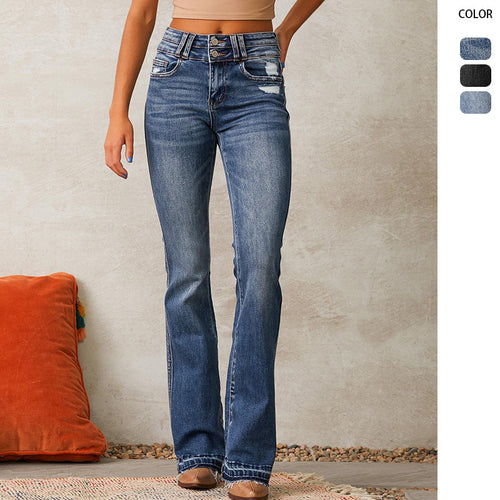 Kvinde udvidede jeans med høj talje og moderne skræmmede effekt Skovae