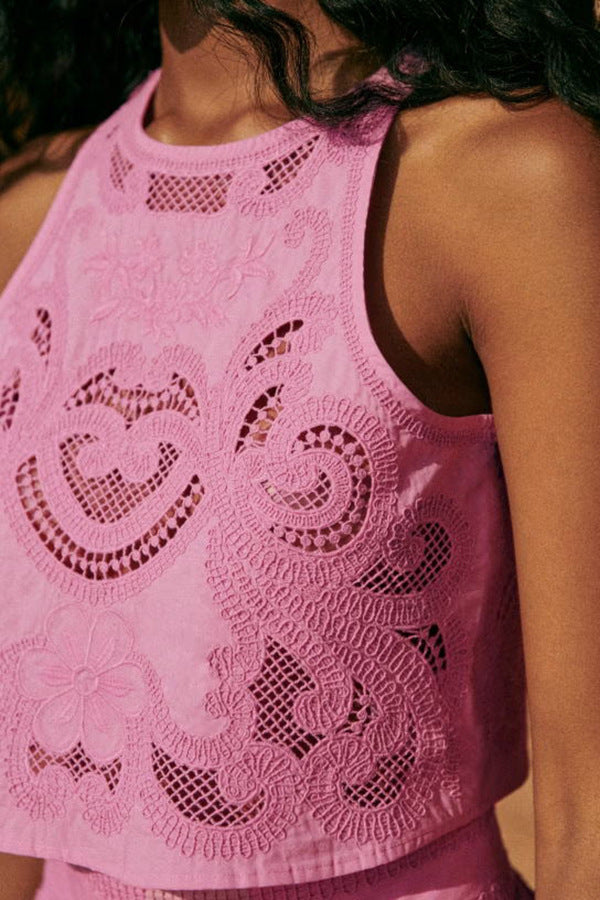 Dame Crop-Top og Maxiskørt Sæt med elegant Hæklemønster Stiila