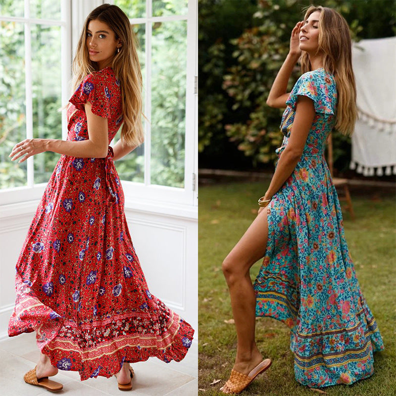 Dame Bohemian Floral Viskestykke Maxi Kjole med Rynket Ærme Stilla