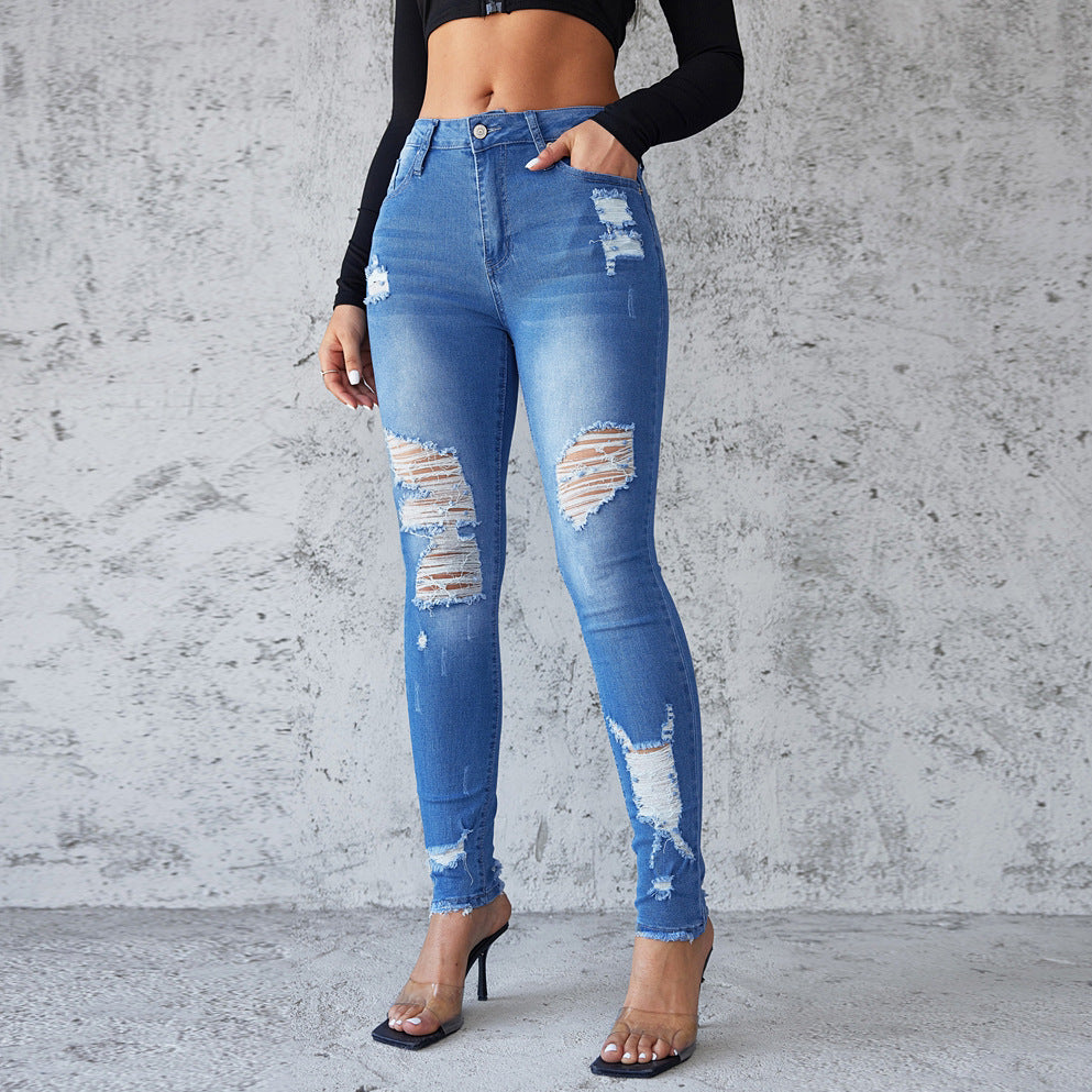 Dame Ripped Skinny Jeans med høj talje og stilfulde distressed-detaljer Stilla