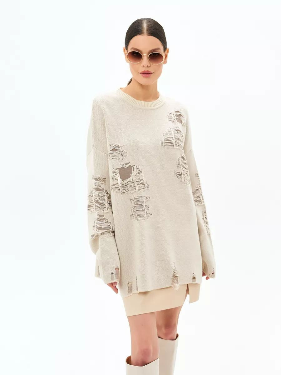 Dame Oversized Strikpullover med moderne Distressed-design og afslappede frynser Stilla