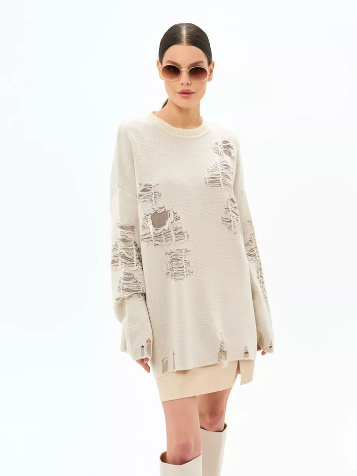 Dame Oversized Strikpullover med moderne Distressed-design og afslappede frynser Stilla