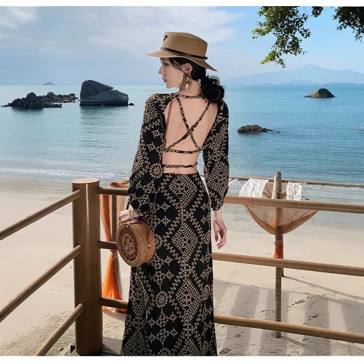 Femme Elegant Bohemian Maxi Kjole med Uddannelsesdetaljer Stilla
