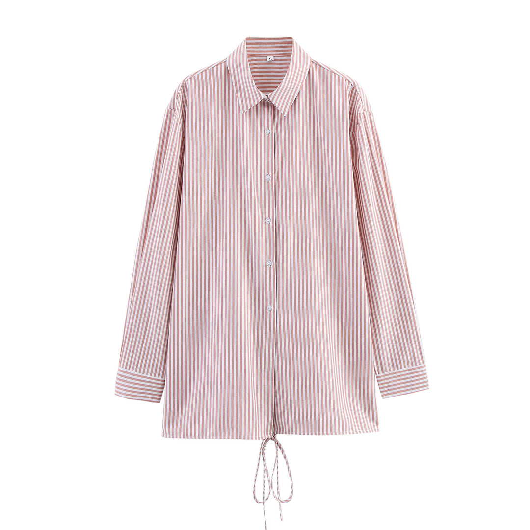 Femme Let Stribet Button-Up Skjorte med Justerbar Snøre Stilla