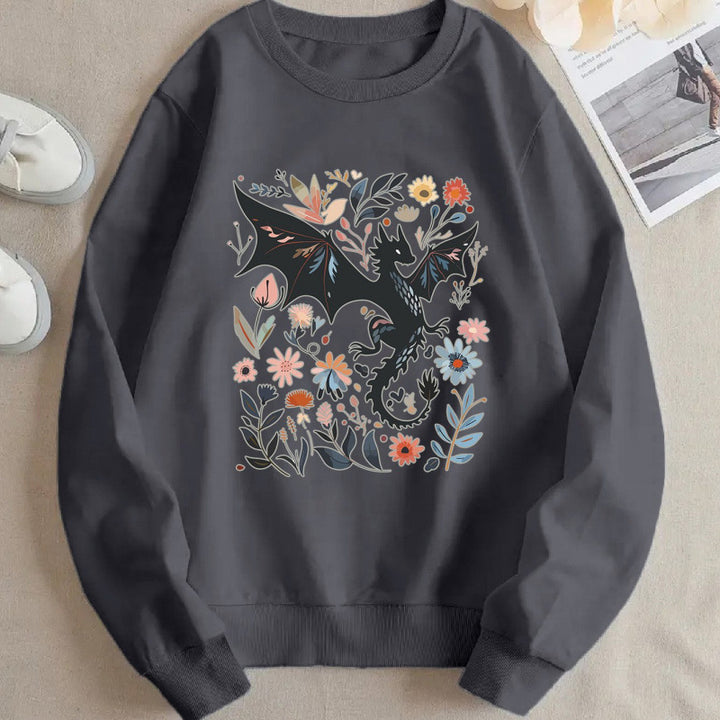 Kvinders sweatshirts med detaljeret drage- og blomstermotiv Stilla