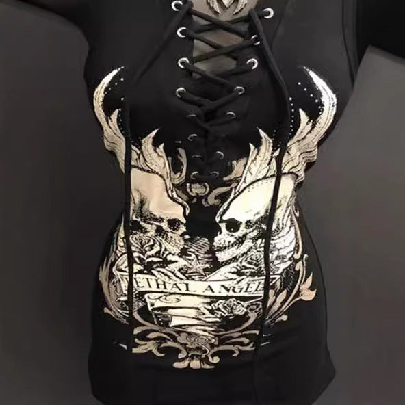 Dame Rockabilly kjole med snøringslook og grafisk print Skovae