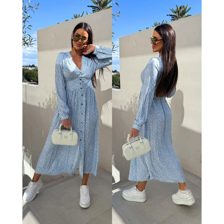 Femme Floral Button-Up Maxi-Kjole med Bælte Talje Stilla
