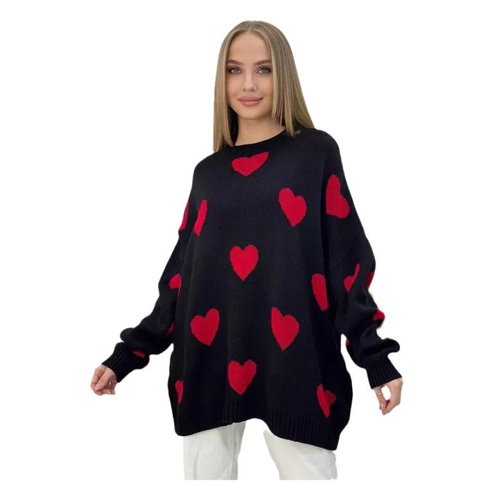 Dame grovstrik pullover med hjerte motiv og dropped shoulders Stilla