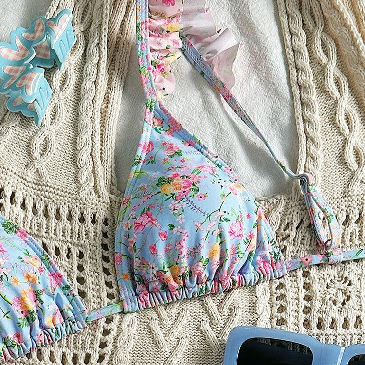 Dame trekants-bikini-sæt med florale volanger og justerbare stropper Skovae