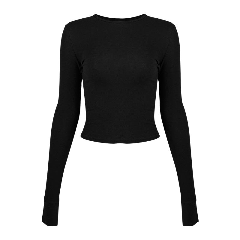 Dame figursyet Langærmet Crop-Top i høj kvalitets strækmateriale med Rundhalsudskæring Stilla