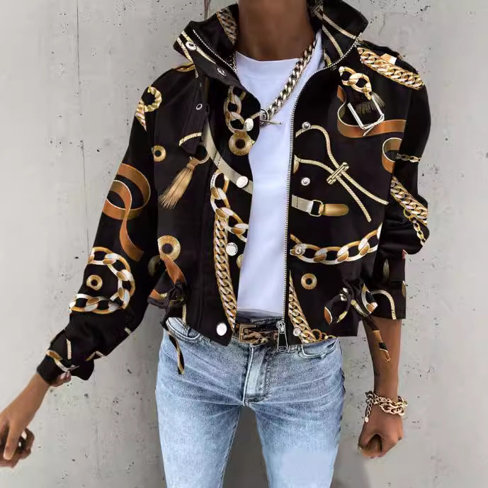 Dame mode cropped utility jakke med unikt mønster og praktiske lommer Stilla