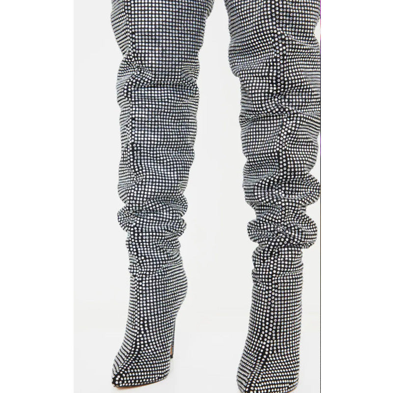 Dame Slouchy Over-knæ Stiletto Støvler med Strass-applikationer Stilla