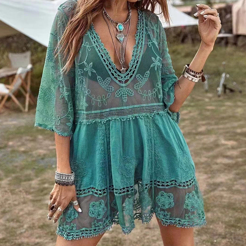 Frau Sommerligt Kaftan-kjole med blomsterbroderi og transparent udseende Stilla