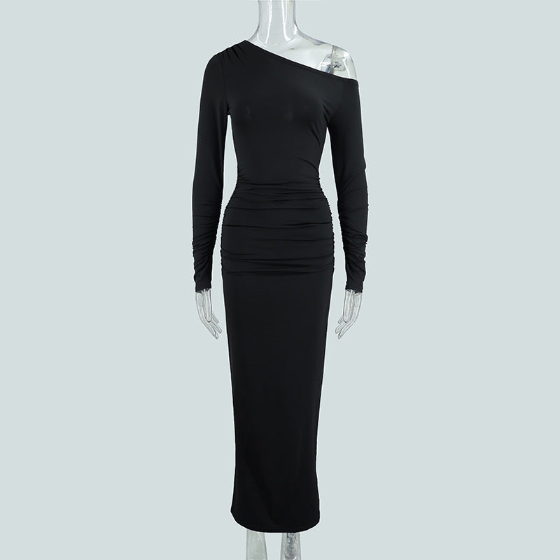 Damer elegant One-Shoulder Maxikjole med figurskænkende rynkning Skovae