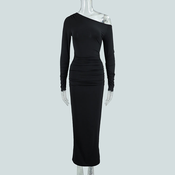 Damer elegant One-Shoulder Maxikjole med figurskænkende rynkning Skovae