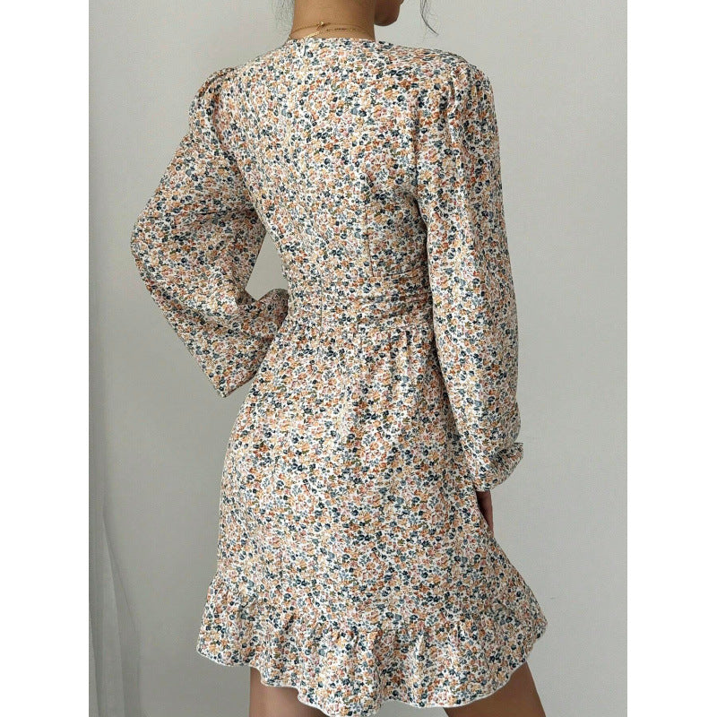 Damer Floral Print Swing Kjole med V-Udskæring og Pufærmer Stilla