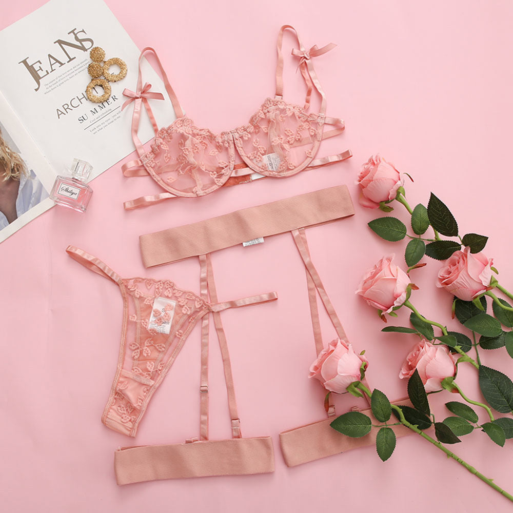 Dame Floral-Spitze- og Strop-Garter-Lingerie-Sæt Stilla