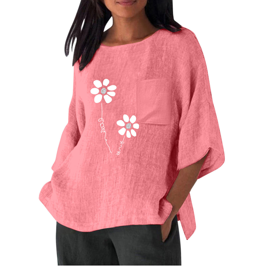 Dame afslappet bluse t-shirt med unik blomsterprint og praktisk brystlomme Stilla