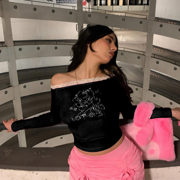 Dame Off-Shoulder Crop-Top med blonde og glimmeraccenter Stilla