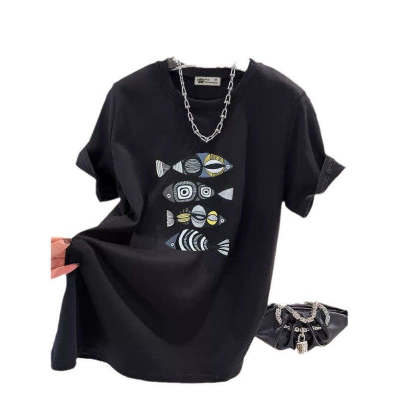 Dame T-Shirt med kreativt fiske motiv og afslappet pasform Stilla