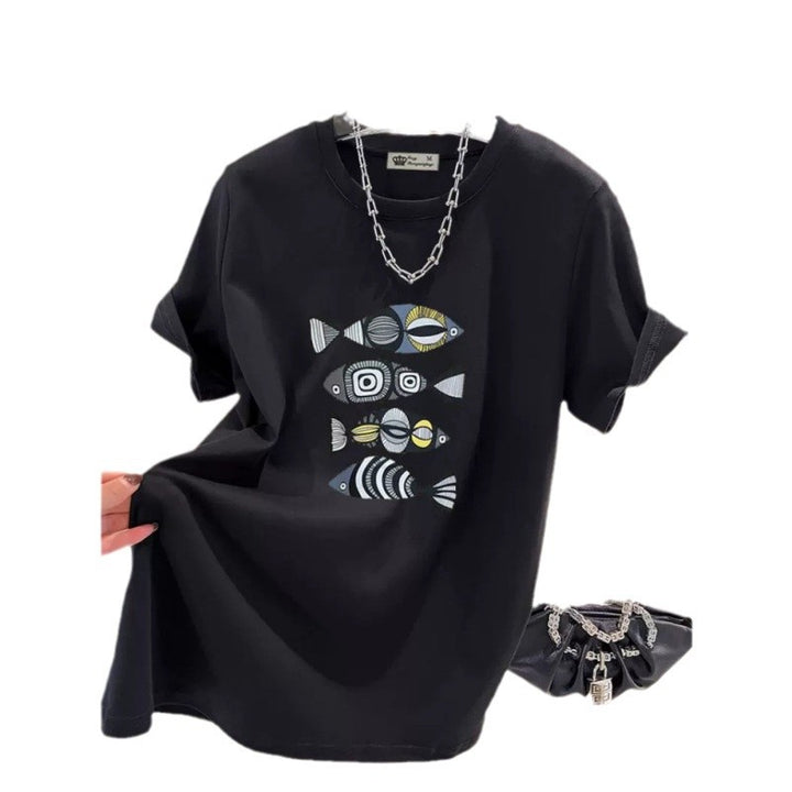 Dame T-Shirt med kreativt fiske motiv og afslappet pasform Stilla