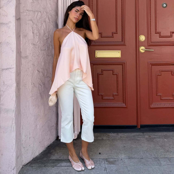 Dame Halterneck-Top i flydende chiffon med asymmetrisk kant Skovae