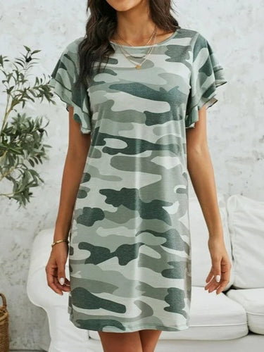 Dame Camouflage Fritidskjole med frynset ærmer Stilla