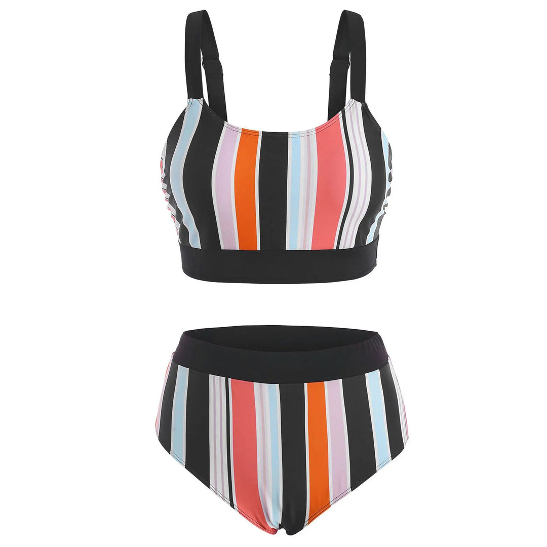 Dame Farverig Stribet Bikini-Sæt med Højskåren Buksedesign Stilla