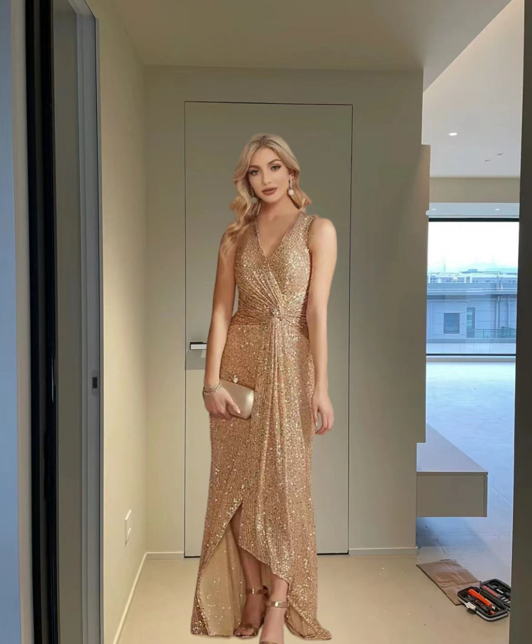 Dame Glamourøs Aftenkjole med glitrende Pailletter og elegant Slids Stilla