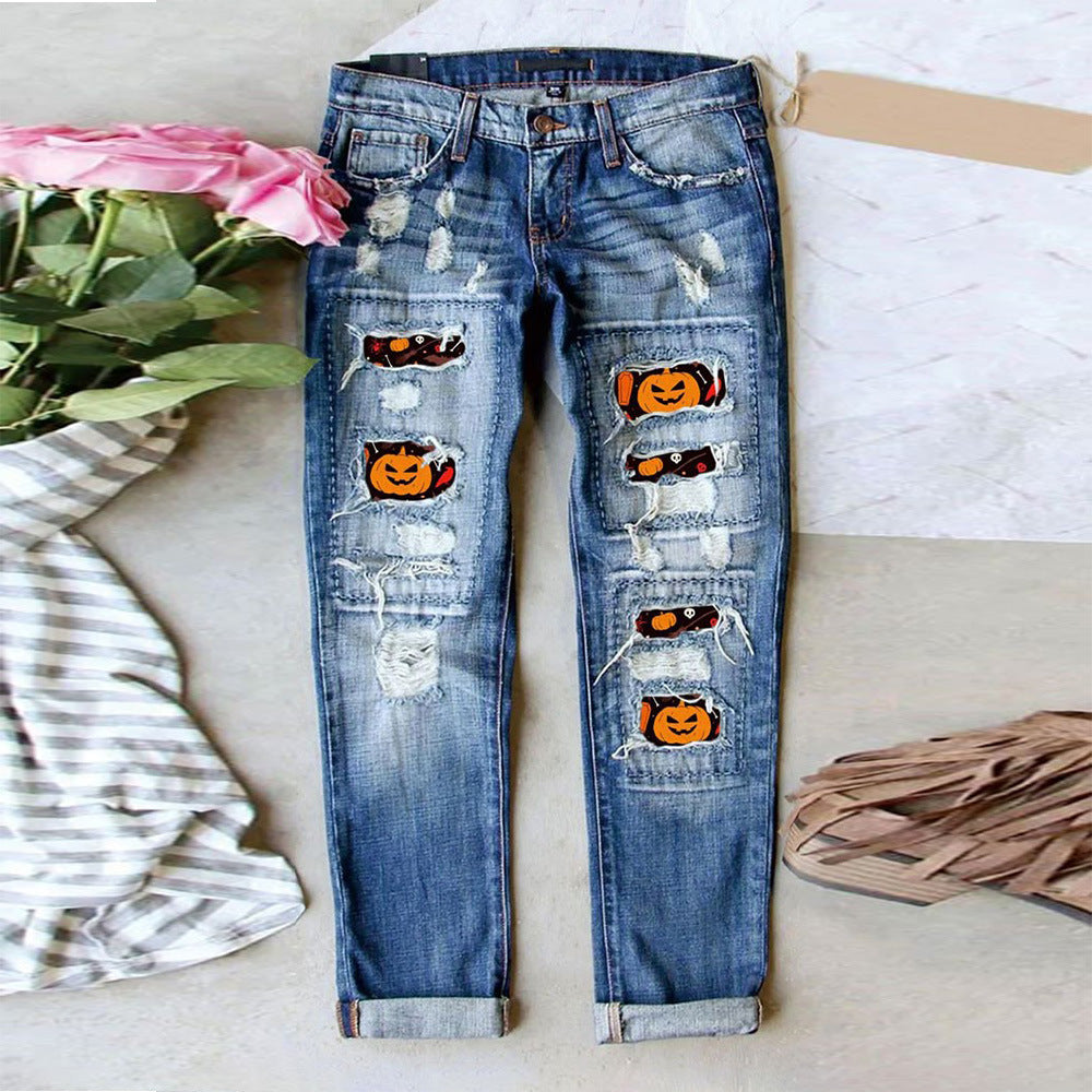 Dame Ripped Jeans med kreative applikationer og afslappet snit Stilla