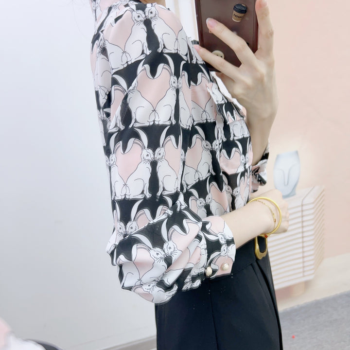 Dame Gennemsigtig Bluse med kunstnerisk Dyremotiv og elegante Detaljer Stilla