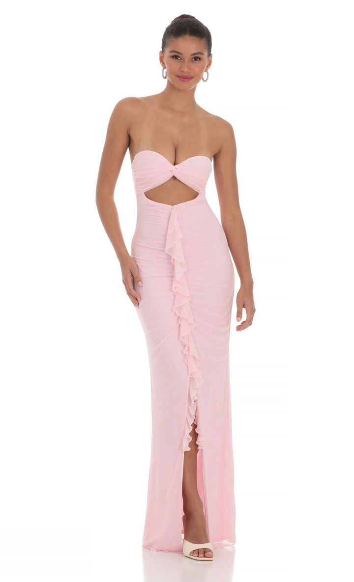 Dame maxikjole i raffineret drapering-stil med cut-out og flæser Stilla