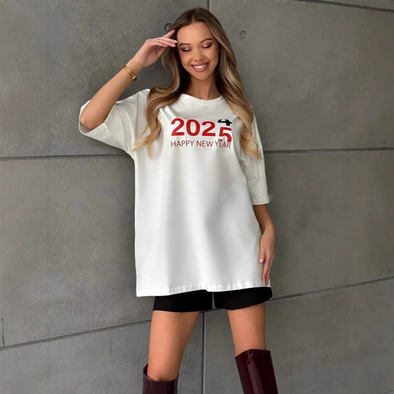 Dame T-shirt med afslappet 3/4-ærme og festligt motiv Stilla