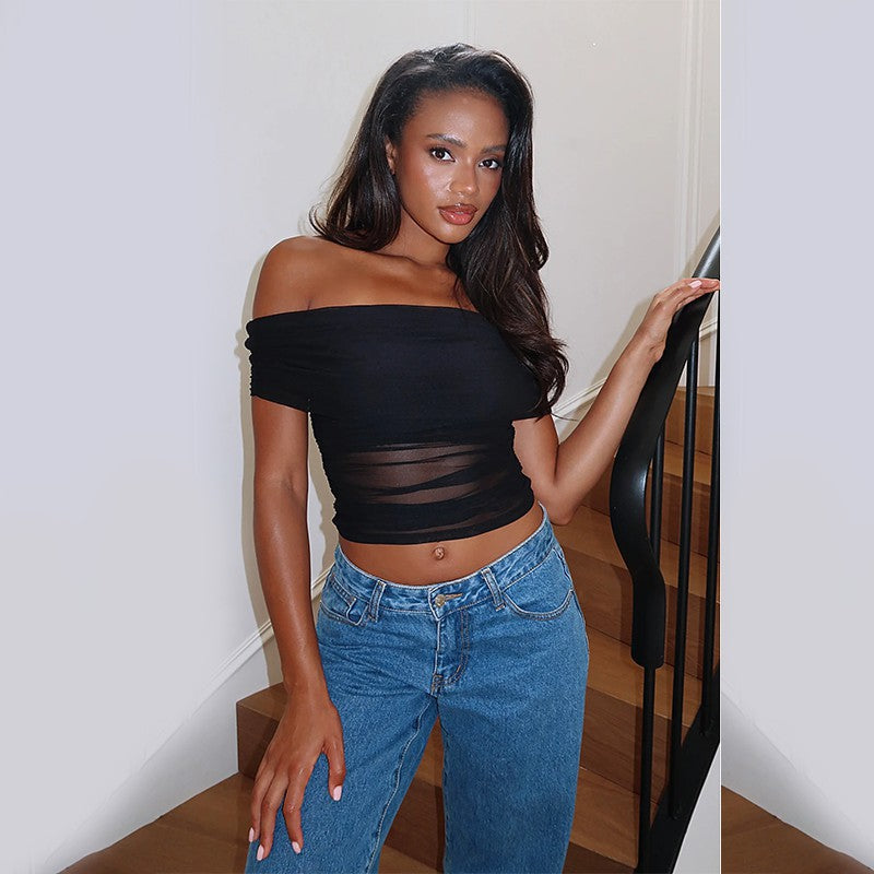 Dame Off-Shoulder Crop-Top med Rynker Skovae