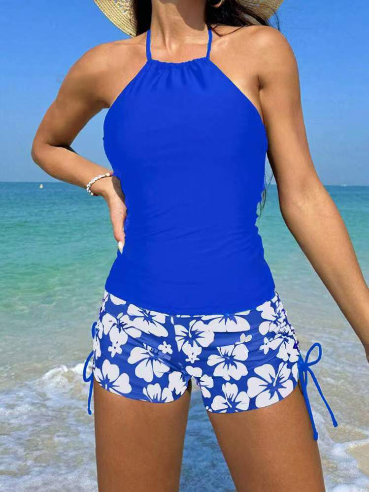 Dame Halterneck-badebadetøj med blomstertrykte shorts Stilla